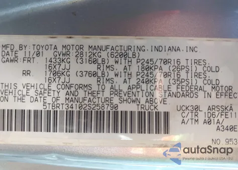 2002 Toyota Tundra Sr5 V8 из США, поврежденный, VIN 5TBRT34102S258790